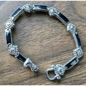 Sterling Silver Black Onyx Link Bracelet Rope Diamond Shape Western Boho